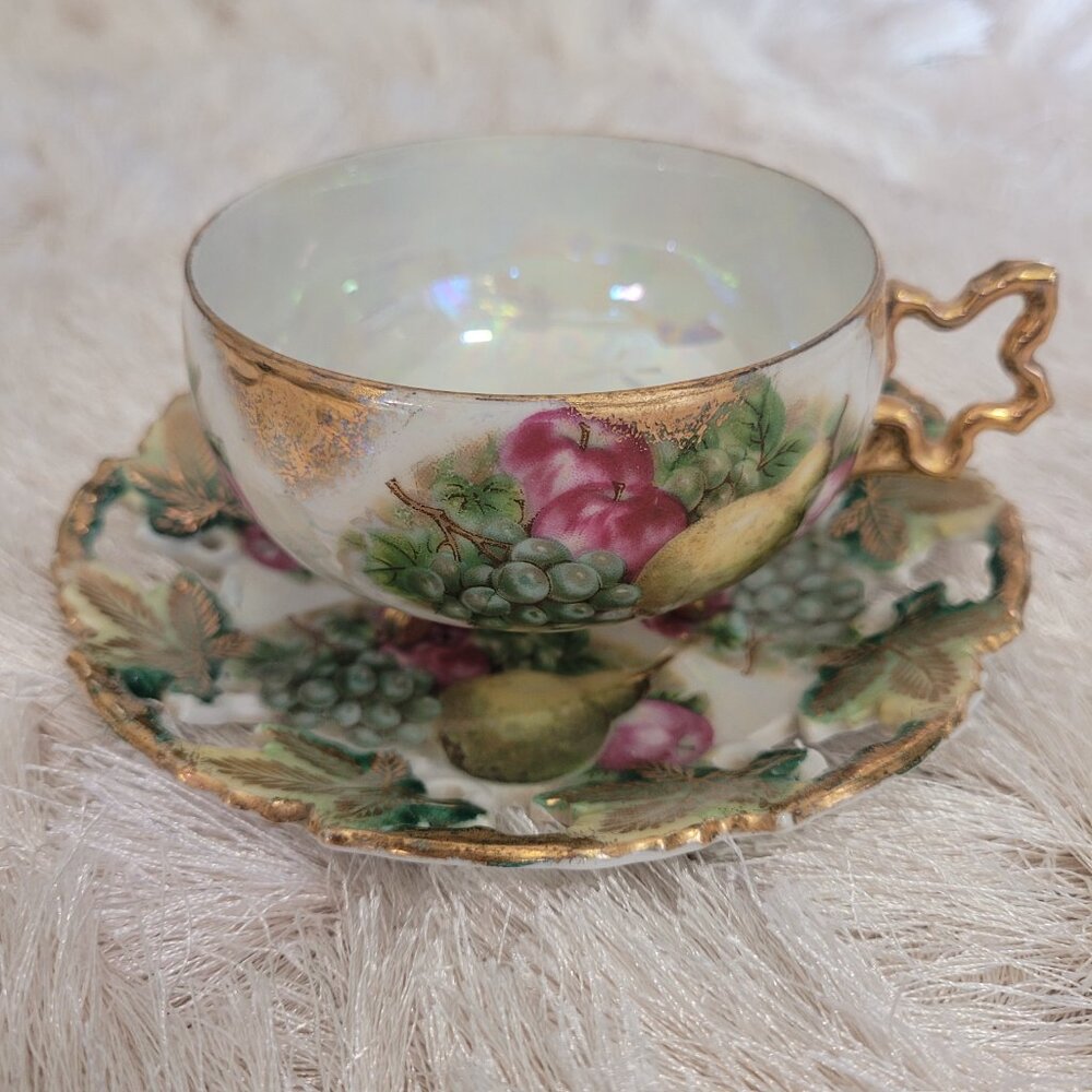 Royal Sealy Vintage Iridescent Tea Cup & Saucer Fruit Footed Gold Trim